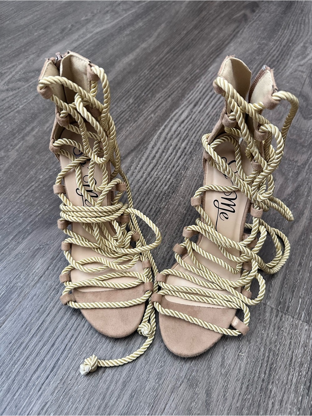 Strappy Rope Lace-Up Sandals in Beige